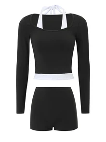 Sirith Women's New Sports Swimsuit Set, Black And White Contrast Color Long Sleeve Shorts, Suitable For Outdoor Sports, Gym Workout Outfit, Halter Square Neck Design, Walking, Running, Cycling - Multicolor - View 5