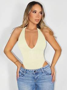 Sirith Women's Solid Color Seamless Plunging V-Neck Bodysuit Backless - Beige - View 5