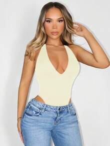 Sirith Women's Solid Color Seamless Plunging V-Neck Bodysuit Backless - Beige - View 6