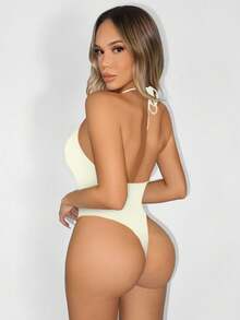 Sirith Women's Solid Color Seamless Plunging V-Neck Bodysuit Backless - Beige - View 4