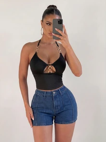 Sirith Women's Summer Sexy Hollow Out Metal Decor Backless Halter Top Night Out Club Black - Black - View 8