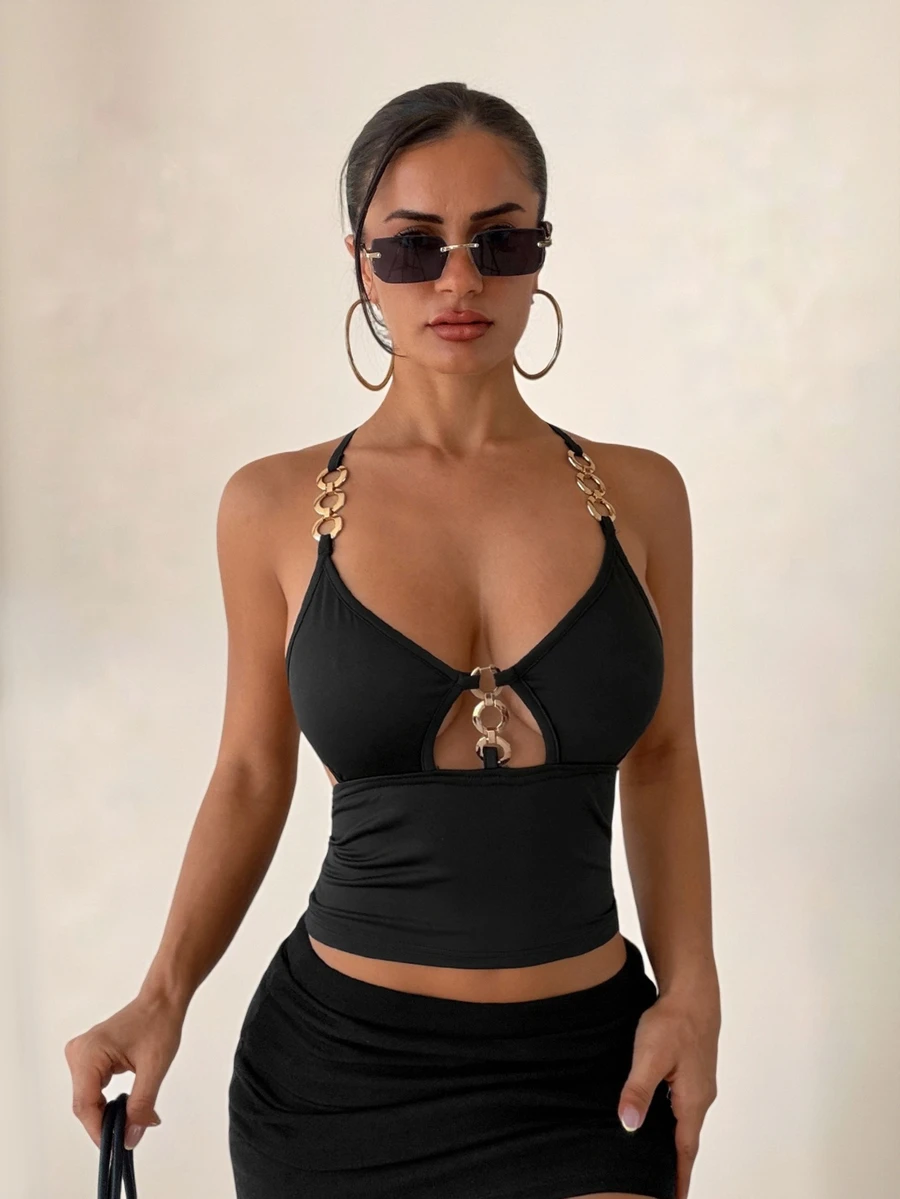Sirith Women's Summer Sexy Hollow Out Metal Decor Backless Halter Top Night Out Club Black - Black - View 1