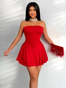 Sirith Vestido corto sin tirantes de unicolor para la ropa de Año Nuevo para mujeres - Rojo - Ver 8