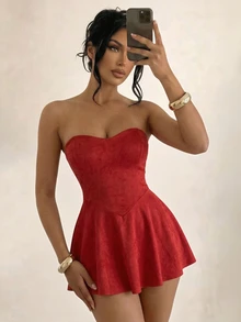 Sirith Vestido corto sin tirantes de unicolor para la ropa de Año Nuevo para mujeres - Rojo - Ver 1