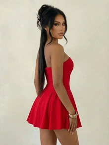 Sirith Vestido corto sin tirantes de unicolor para la ropa de Año Nuevo para mujeres - Rojo - Ver 2