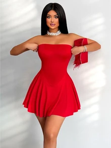 Sirith Vestido corto sin tirantes de unicolor para la ropa de Año Nuevo para mujeres - Rojo - Ver 9