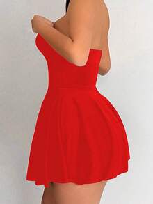 Sirith Vestido corto sin tirantes de unicolor para la ropa de Año Nuevo para mujeres - Rojo - Ver 6