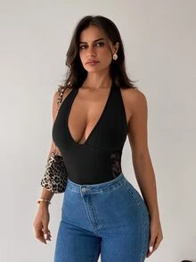 Sirith Women's Fashion Black Contrast Lace Deep V Neck Halter Bodysuit Party Night Out Club Summer Sexy - Black - View 4