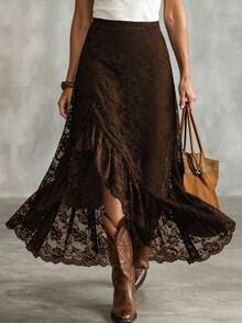 LanaWest Women's Western Casual Lace Elastic Waist Ruffle Hem Slit Skirt - Brown - View 4