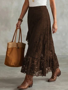 LanaWest Women's Western Casual Lace Elastic Waist Ruffle Hem Slit Skirt - Brown - View 6