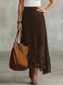 LanaWest Women's Western Casual Lace Elastic Waist Ruffle Hem Slit Skirt - Brown - View 5