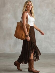 LanaWest Women's Western Casual Lace Elastic Waist Ruffle Hem Slit Skirt - Brown - View 3