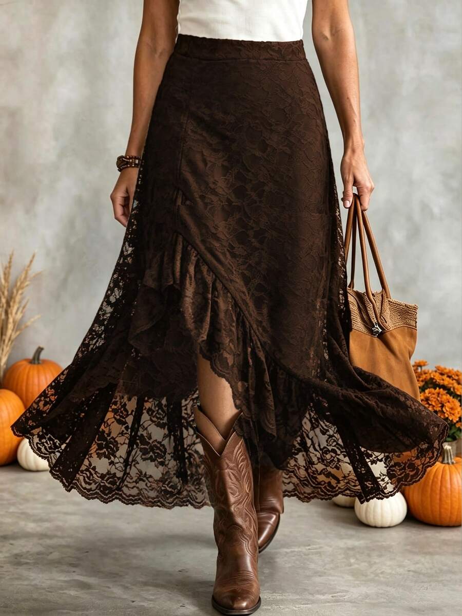 LanaWest Women's Western Casual Lace Elastic Waist Ruffle Hem Slit Skirt - Brown - View 1
