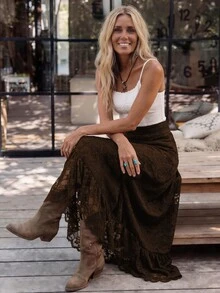 LanaWest Women's Western Casual Lace Elastic Waist Ruffle Hem Slit Skirt - Brown - View 7