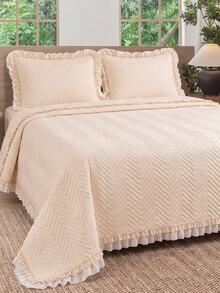Made In Turkey Bedspread Set With Pillowcases Soft Touch Bed Cover 250*260 ////  180*240 Two Side Are The Same - Creamy White - View 4