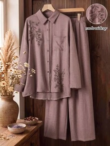 Rusticease 秋冬女款刺繡襯衫與長褲兩件套 刺繡套裝 優雅女裝套裝 休閒鄉村復古風 - 棕色 - 查看 3