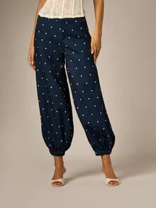 AiiRZ Polka Dot Harem Pants With Elastic Ankle Cuffs And Button Detail Loose Fit Summer Holiday Casual Trousers - Navy Blue - View 1