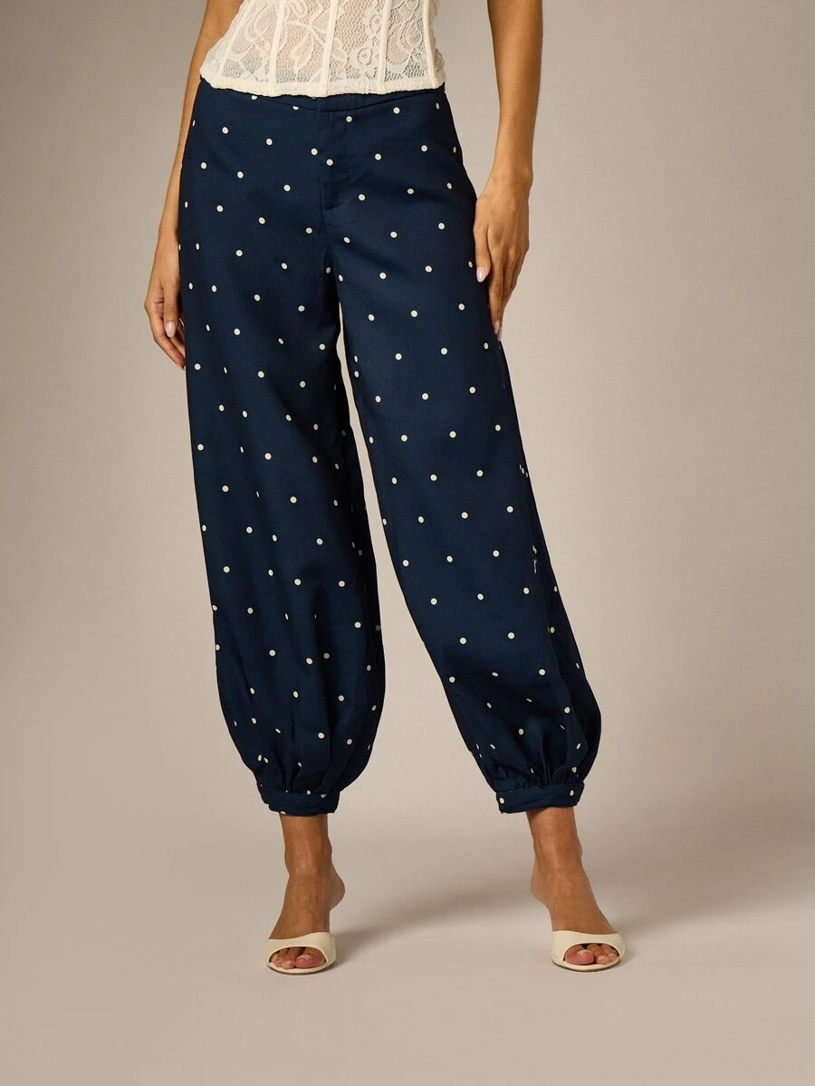 AiiRZ Polka Dot Harem Pants With Elastic Ankle Cuffs And Button Detail Loose Fit Summer Holiday Casual Trousers - Navy Blue - View 1
