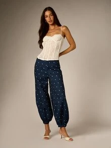 AiiRZ Polka Dot Harem Pants With Elastic Ankle Cuffs And Button Detail Loose Fit Summer Holiday Casual Trousers - Navy Blue - View 3