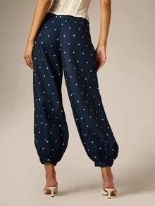 AiiRZ Polka Dot Harem Pants With Elastic Ankle Cuffs And Button Detail Loose Fit Summer Holiday Casual Trousers - Navy Blue - View 5