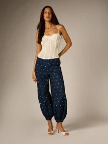 AiiRZ Polka Dot Harem Pants With Elastic Ankle Cuffs And Button Detail Loose Fit Summer Holiday Casual Trousers - Navy Blue - View 2