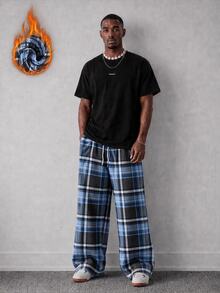 Mainfolk 男士秋冬保暖內裡休閒修身標準尺寸藍色格紋法蘭絨長褲 - 藍色 - 查看 1