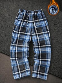Mainfolk 男士秋冬保暖內裡休閒修身標準尺寸藍色格紋法蘭絨長褲 - 藍色 - 查看 3