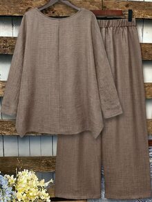 Linhara Setelan 2 Potong Wanita Ukuran Plus Bahan Linen dengan Hem Asimetris, Kerah Bulat, Lengan 3/4 dan Celana Panjang Longgar dengan Kaki Lebar, Cocok untuk Pakaian Kasual Sehari-hari - Khaki - View 2