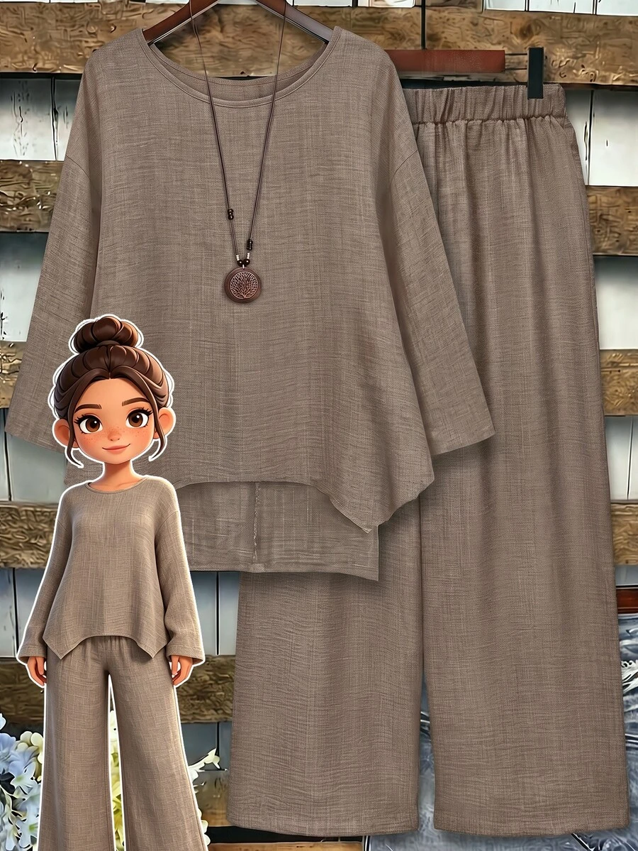 Linhara Setelan 2 Potong Wanita Ukuran Plus Bahan Linen dengan Hem Asimetris, Kerah Bulat, Lengan 3/4 dan Celana Panjang Longgar dengan Kaki Lebar, Cocok untuk Pakaian Kasual Sehari-hari - Khaki - View 1