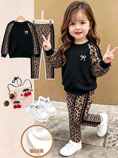 Young Girls 2pcs Set Casual Fashion Versatile Autumn/Winter T-Shirt Outfit, Cute Sweet Crew Neck T-Shirt With Leopard Print Patchwork Sleeve Design Paired With Leopard Print Skinny Leggings, Sweet Bow Print, Autumn/Winter Clothing Set, Casual Outfits, Back To School, Party, Suitable For Outdoor