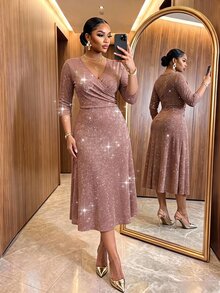 SHEIN Lady Gaun Lipit Berkilau Halus Seksi Elegan Ukuran Plus untuk Wanita, Gaun Pernikahan Musim Gugur Formal Warna Rose Gold, Gaun Tahun Baru, Gaun Natal, Gaun Pesta Putri - Coklat - View 5
