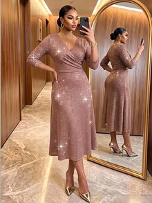 SHEIN Lady Gaun Lipit Berkilau Halus Seksi Elegan Ukuran Plus untuk Wanita, Gaun Pernikahan Musim Gugur Formal Warna Rose Gold, Gaun Tahun Baru, Gaun Natal, Gaun Pesta Putri - Coklat - View 3