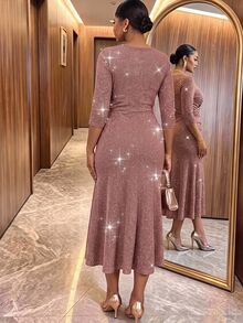 SHEIN Lady Gaun Lipit Berkilau Halus Seksi Elegan Ukuran Plus untuk Wanita, Gaun Pernikahan Musim Gugur Formal Warna Rose Gold, Gaun Tahun Baru, Gaun Natal, Gaun Pesta Putri - Coklat - View 2