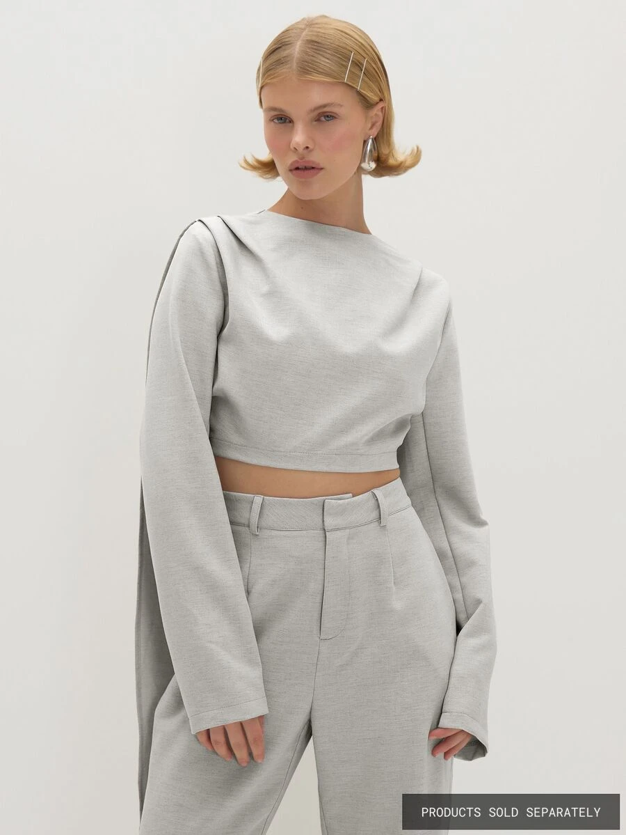 MUSEYN Light Grey Woven Cape Long Sleeve Cropped Tailored Top Elegant Commute - Light Grey - View 1