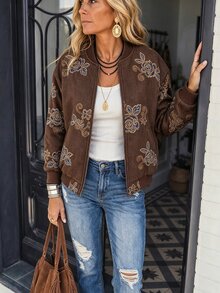 LanaWest Women's Casual Floral Print Jacket, Autumn - Brown - View 6