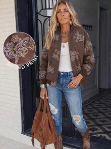 LanaWest Women's Casual Floral Print Jacket, Autumn - Brown - View 4