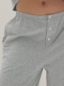 MUSEYN Grey Jersey Straight Leg Elastic Waist Button Pants Casual Comfortable Effortless Everyday Office Elegant Commute - Grey - View 3