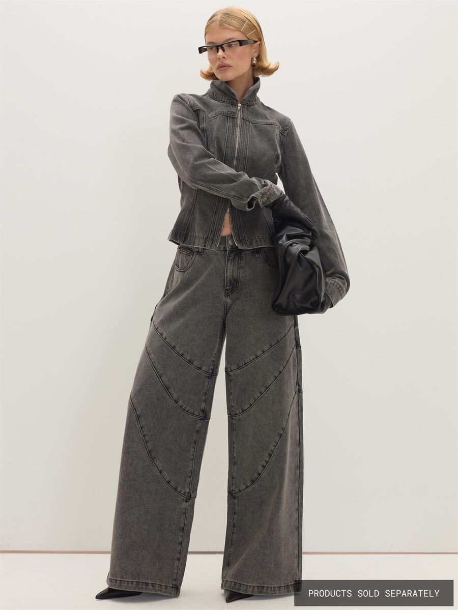 MUSEYN Grey Washed Denim Cinched Waist Seam Detail Collard Zip Jacket ...