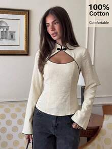 Siren Gaze 100% Cotton Mandarin Collar Slim Fit Long Sleeve Keyhole Contrast Trim Shirt With Frog Button Design, Autumn/Winter Blouse Office Wear - Apricot - View 5