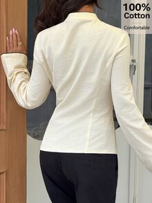 Siren Gaze 100% Cotton Mandarin Collar Slim Fit Long Sleeve Keyhole Contrast Trim Shirt With Frog Button Design, Autumn/Winter Blouse Office Wear - Apricot - View 3