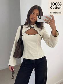 Siren Gaze 100% Cotton Mandarin Collar Slim Fit Long Sleeve Keyhole Contrast Trim Shirt With Frog Button Design, Autumn/Winter Blouse Office Wear - Apricot - View 4