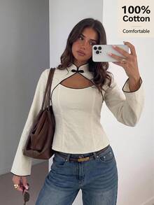 Siren Gaze 100% Cotton Mandarin Collar Slim Fit Long Sleeve Keyhole Contrast Trim Shirt With Frog Button Design, Autumn/Winter Blouse Office Wear - Apricot - View 9