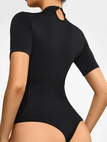 SHAPORA Women's Casual Black Mini Shorts Bodysuit With Medium Stretch Fabric And Mock Neck Short Sleeves For Everyday Wear - Black - View 2