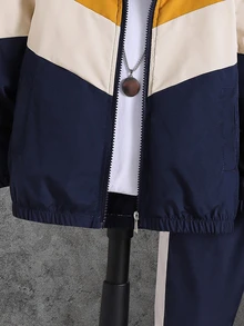 SHEIN Coolqubz 男童連帽夾克與慢跑長褲套裝，拉鍊式防風運動套裝，休閒運動風秋季穿搭 - 黃色 - 查看 5