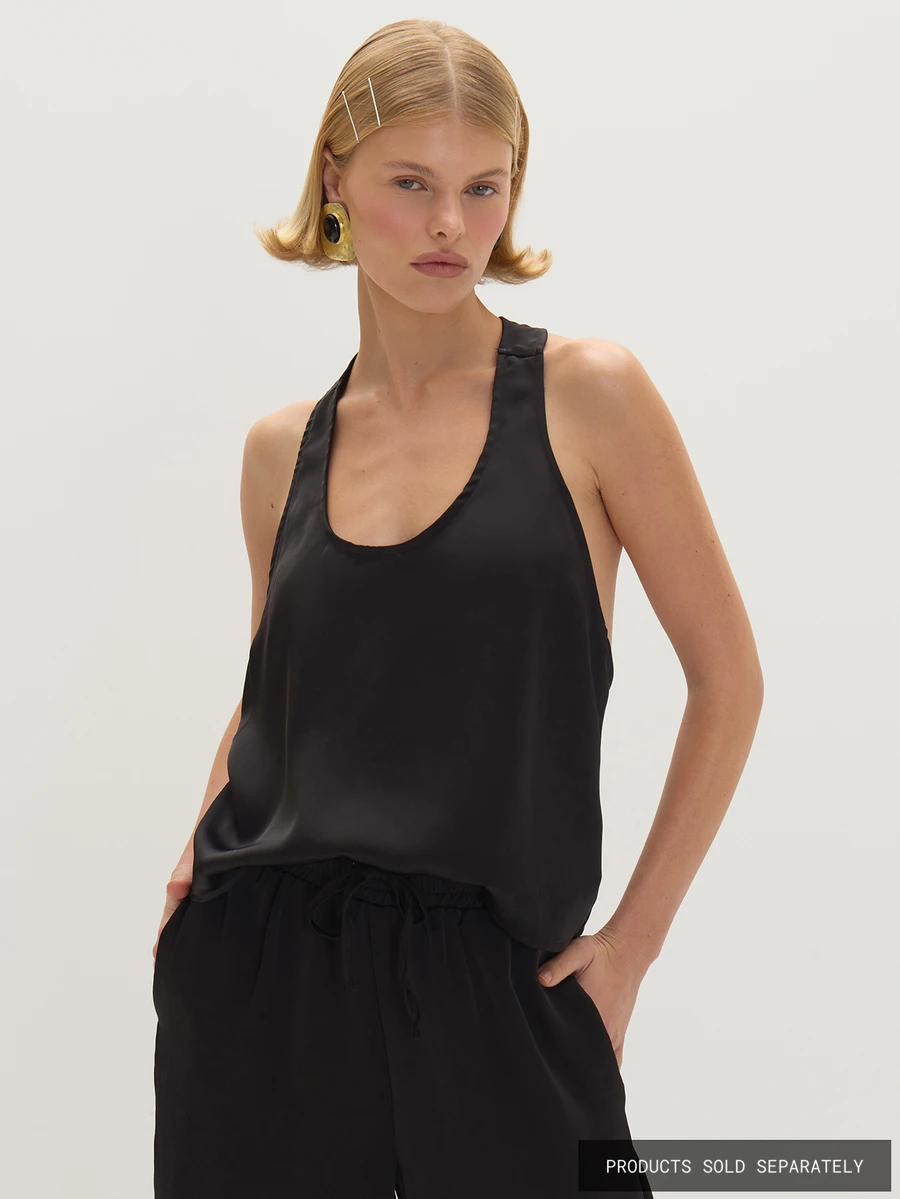 MUSEYN Black Satin Scoop Neck Racer Back Cami Top  Everyday Casual Fall New Season Sapsule Wardrobe Fashion - Black - View 1