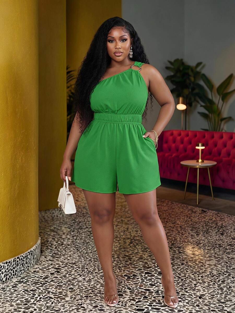 Veslaya Waist Cinched With Pockets Plus Size Short Jumpsuit - A - Green - View 1