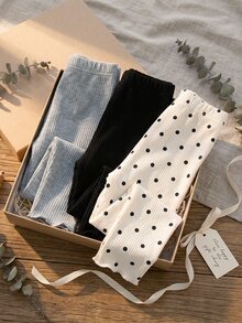 SHEIN 女嬰針織緊身褲 新生兒休閒可愛柔軟款 秋冬假期居家穿搭 淺灰色、黑色圓點、黑白圓點 - 彩色 - 查看 8
