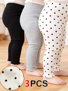 SHEIN 女嬰針織緊身褲 新生兒休閒可愛柔軟款 秋冬假期居家穿搭 淺灰色、黑色圓點、黑白圓點 - 彩色 - 查看 2