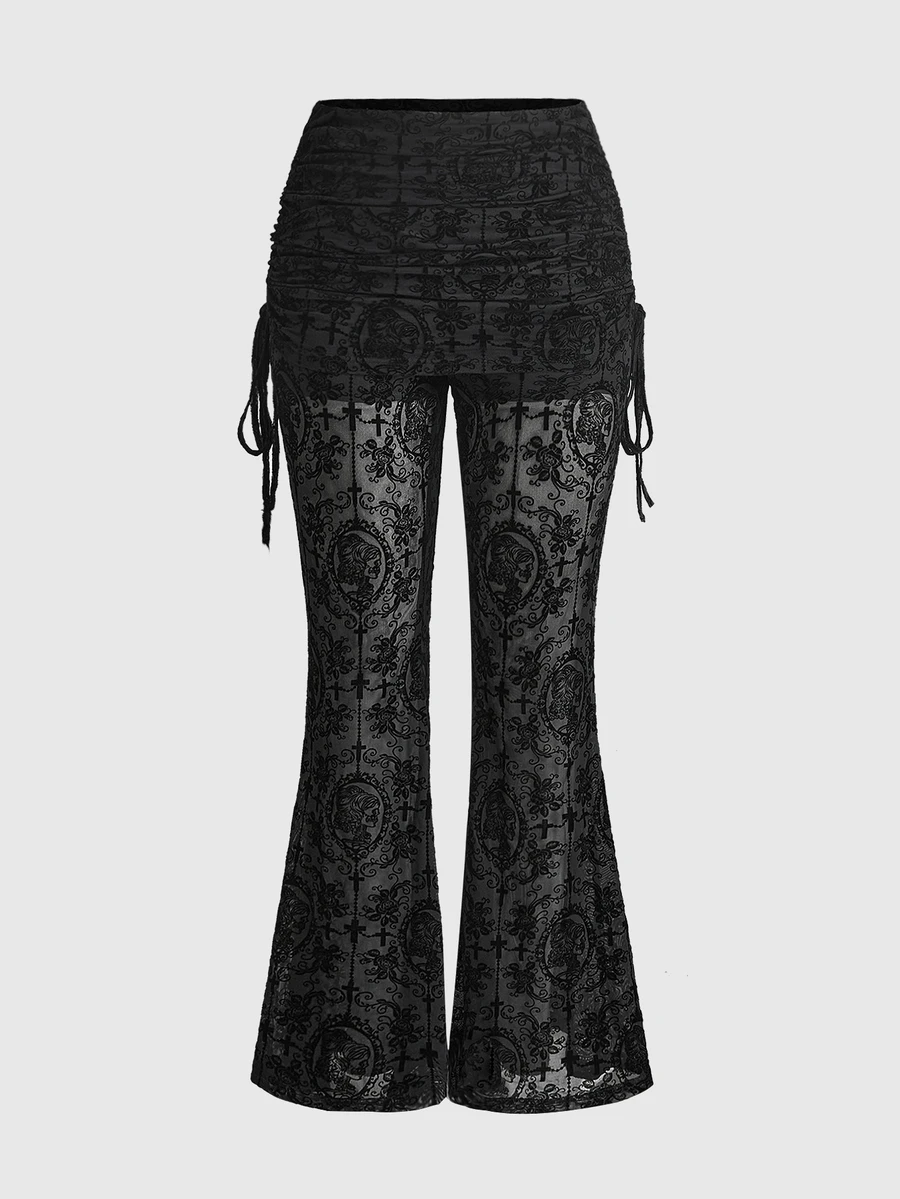 ROMWE Plus Size Women's Mesh Dark Gothic Print Elastic Drawstring Pants - Black - View 1