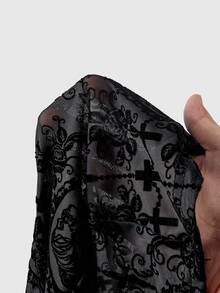 ROMWE Goth 大尺碼女款網紗深色哥德風印花彈性抽繩長褲 - 黑色 - 查看 7